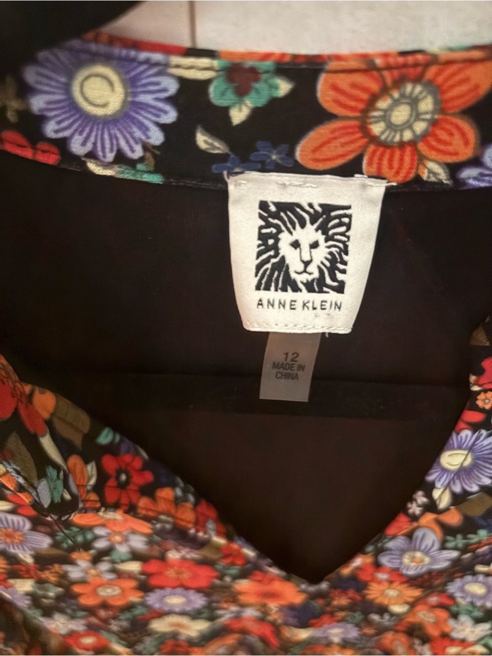 Anne Klein Black Floral Midi Dress with Red, Blue, and Yellow Flowers - Picture 3 of 5